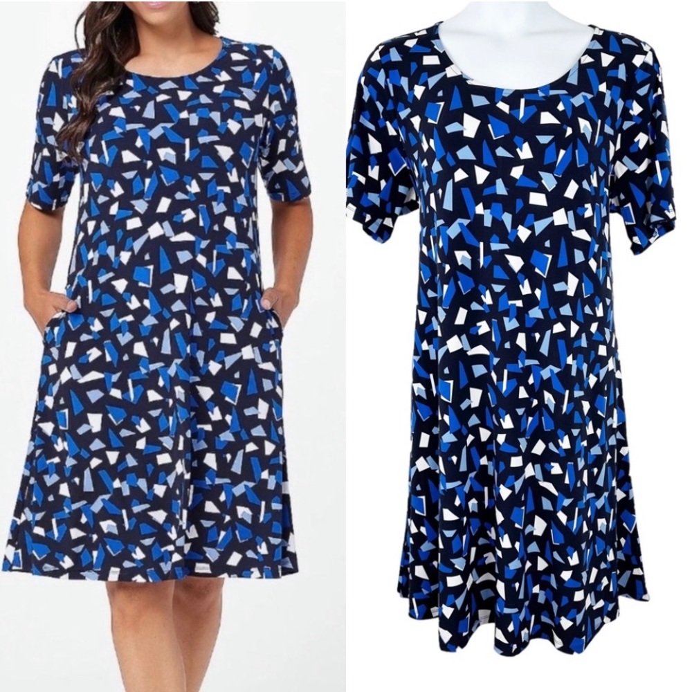 Susan Graver Blue Geometric Print Liquid Knit Fit & Flare Dress
